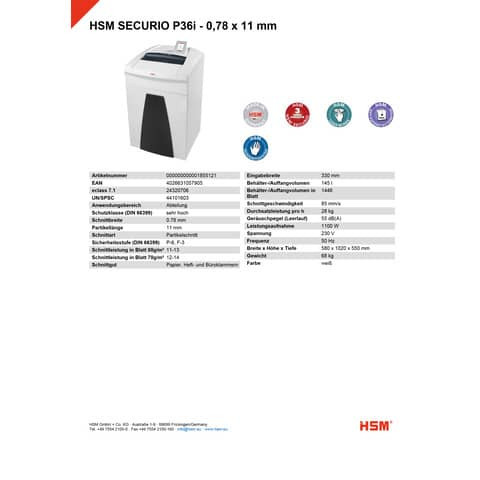 Aktenvernichter SECURIO P36i weiß HSM 1855121 0,78x11mm