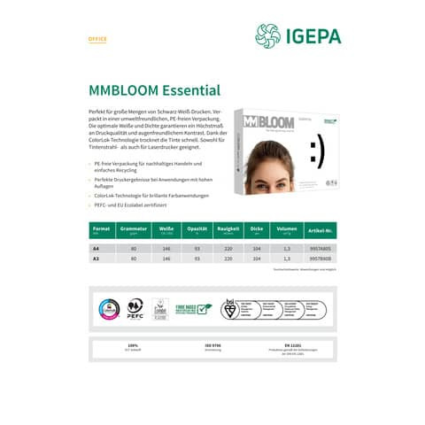 Kopierpapier Essential A3 80g 500Bl weiß MM BLOOM 9958B80B