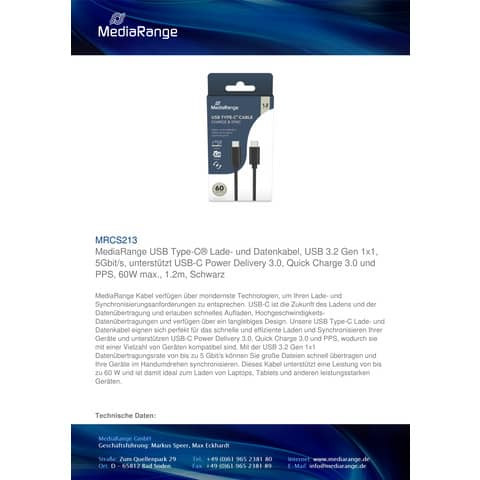 USB-Kabel 3.0 USB-C schwarz MEDIARANGE MRCS213 1,2m