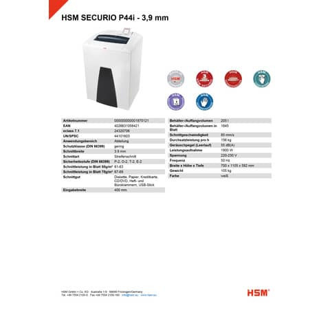 Aktenvernichter Securio P44i weiß HSM 1870121 3,9mm