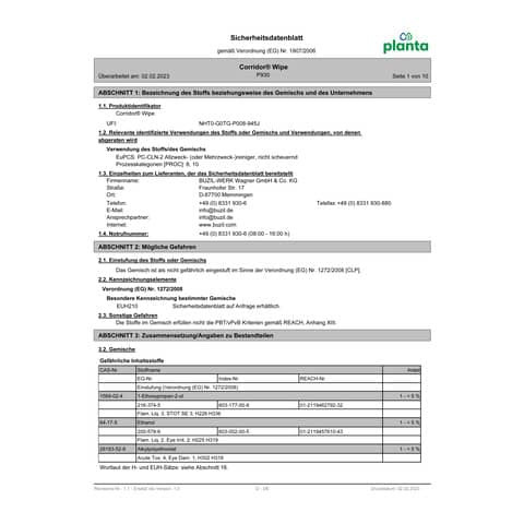 Bodenreiniger Planta Corridor Wipe 10l BUZIL 125793005 P930 ökologisch Kanister