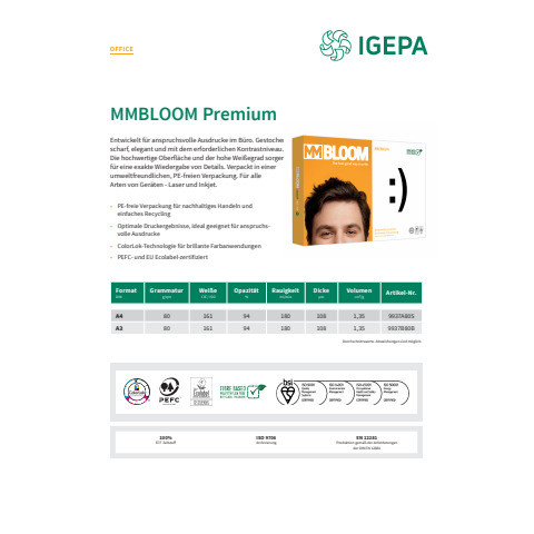 Kopierpapier Premium A3 80g 500BL weiß MM BLOOM 9938B80B