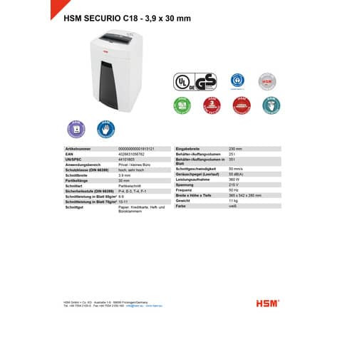 Aktenvernichter C18 3,9x30 HSM 1913121 Partikel.