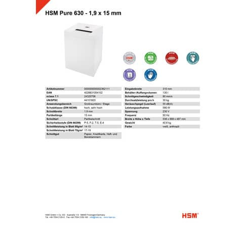 Aktenvernichter Pure 630 weiß HSM 2362111 Part1,9x15