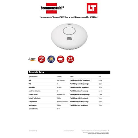 Rauchmelder +Hitzemelder WIFI weiß BRENNENSTUHL 1290090 WRHM01