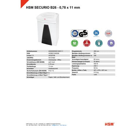 Aktenvernichter SecurioB26 ws HSM 1805111 0,78x11mm