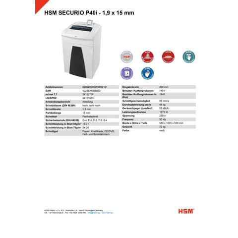 Aktenvernichter SecuriP40i weiß HSM 1882121 1,9x15mm