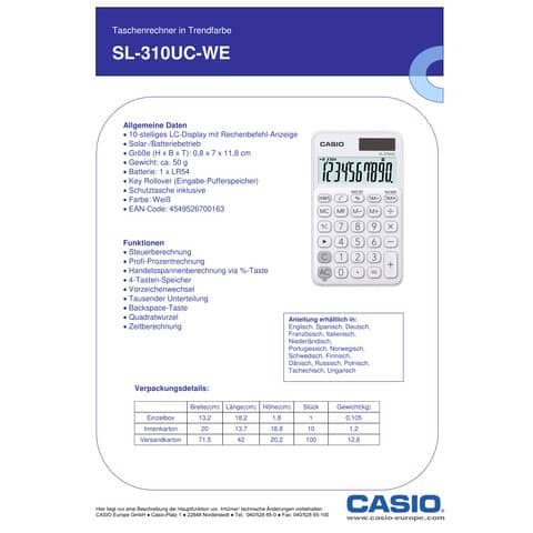 Taschenrechner 10-stellig weiß CASIO SL-310UC-WE