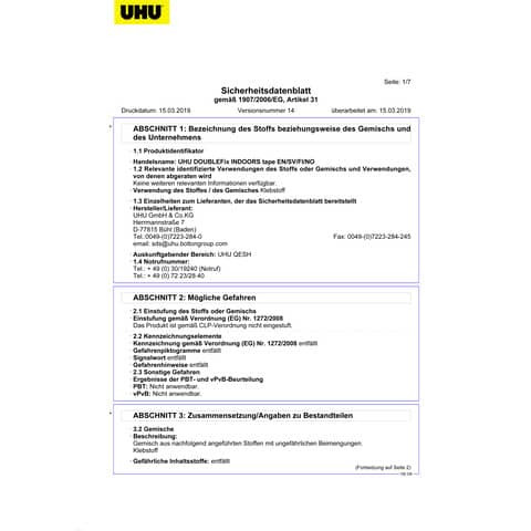 Doppelklebeband weiß UHU 46855 Infokarte 19 mm 1,5m