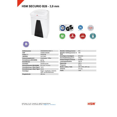 Aktenvernichter SecurioB26 ws HSM 1800111 3,9mm