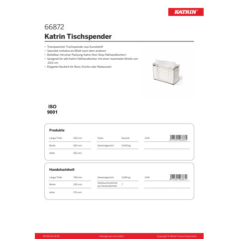 Tischspender füllbar mit Falthandtücher KATRIN 66872