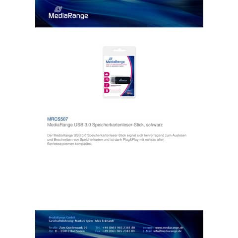 Kartenleser USB3.0 sw MEDIARANGE MRCS507 Stick