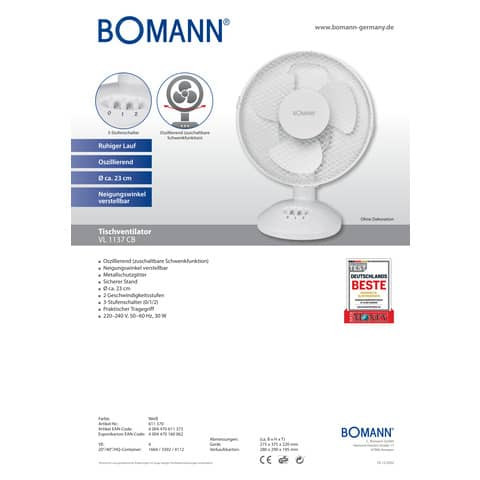 Tischventilator 23cm D. weiß BOMANN 611370 VL 1137 CB