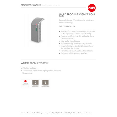 Abfallsammler Profi Line 120l eckig HAILO 9120600 WSB Design XXXL