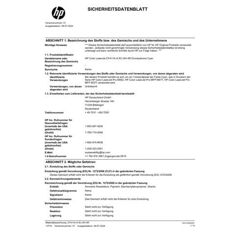 Lasertoner Nr.410A cyan HP CF411A