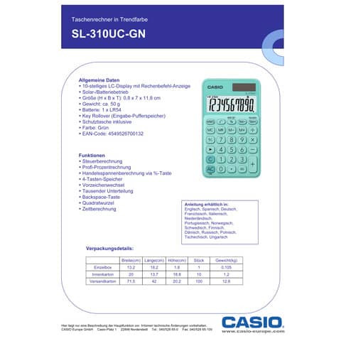 Taschenrechner 10-stellig grün CASIO SL-310UC-GN