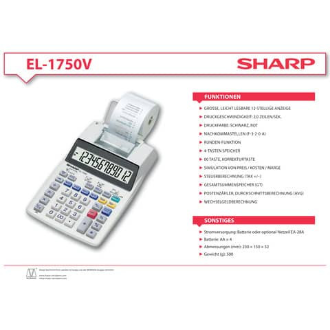 Tischrechner 12-stellig SHARP SH-EL1750V druckend