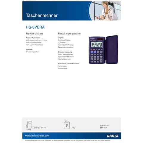 Taschenrechner 8-stellig d`blau CASIO HS-8VERA