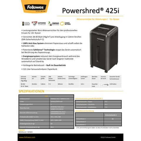 Aktenvernichter 425i anthrazi FELLOWES 4698501 Streifen