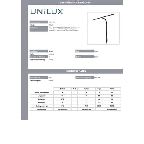 Tischleuchte LED schwarz UNILUX 400124562 Strata