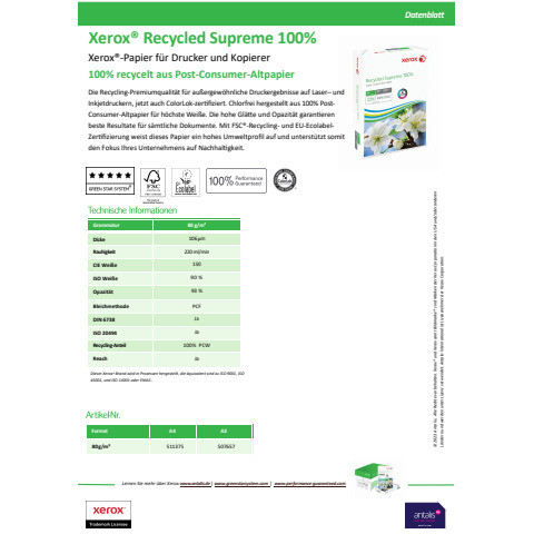 Kopierpapier A4/80g weiß 500 Blatt XEROX 003R95860 Recycled Supreme CO2