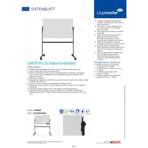Stativ-Drehtafel UNITE PLUS weiß LEGAMASTER 7-108563 100x150cm