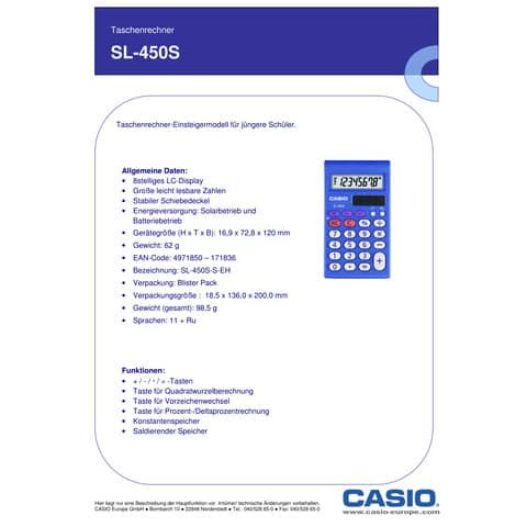 Taschenrechner Solar 8-stellig blau CASIO SL-450S für Einsteiger