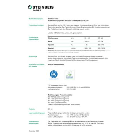 Kopierpapier MagicColour A4 80g 500BL gr STEINBEIS K2601666080A