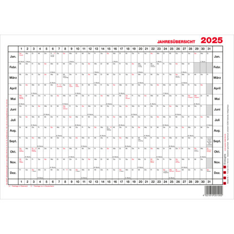 Wandkalender A4 quer 12M 1S GÜSS 2 Jahresübersicht