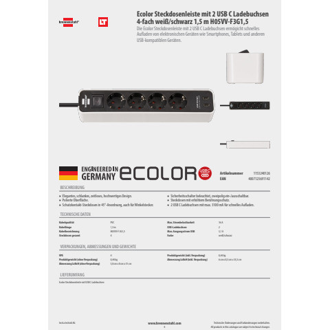 Steckdosenleisten+Schalter 4-fach/2USB-C BRENNENSTUHL 1153240126 Ecolor 1,5m