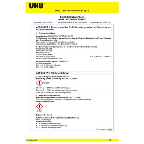 Sekundenkleber Gel 3g UHU 48790 blitzschnell Blister