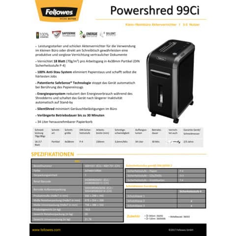 Aktenvernichter 99Ci anthrazi FELLOWES 4691001 Partikels.