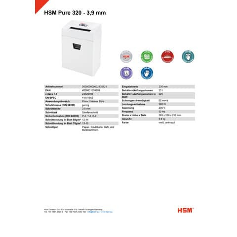 Aktenvernichter Pure 320 weiß HSM 2330121 Streif. 3,9mm