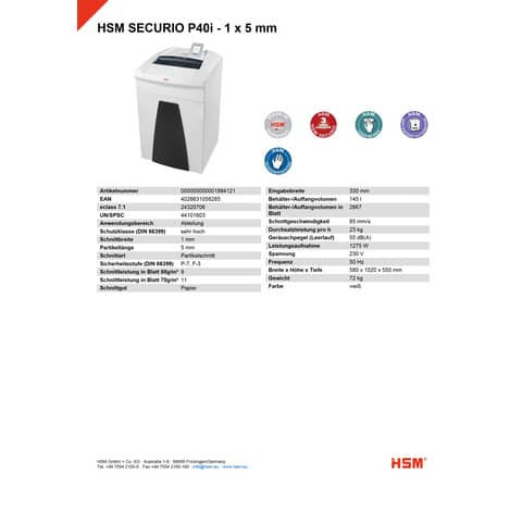 Aktenvernichter Securio P40i weiß HSM 1884121 1x5mm