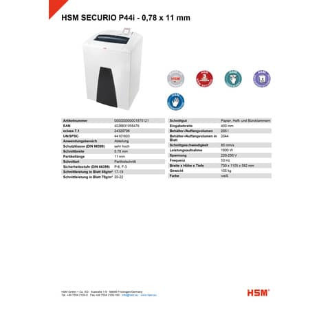 Aktenvernichter Securio P44i weiß HSM 1875121 0,78x11mm