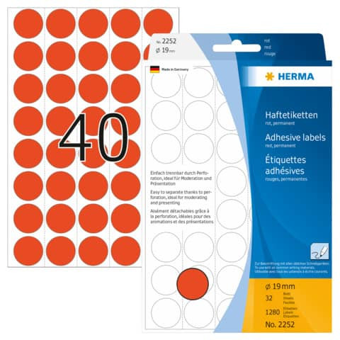 Etiketten Ø19mm rot HERMA 2252 1280 Stück permanent haftend