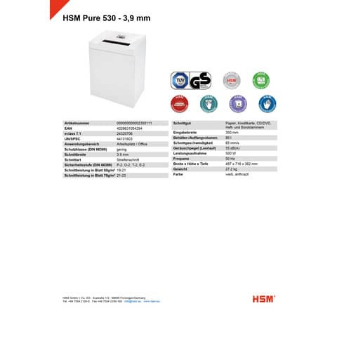 Aktenvernichter Pure 530 weiß HSM 2350111 Streif.3,9