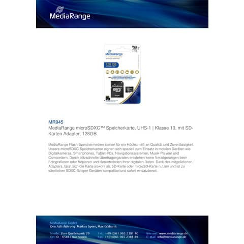 Speicherkarte MicroSDXC schwarz MEDIARANGE MR945 128GB