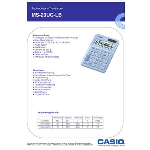 Tischrechner 12-stellig hellblau CASIO MS-20UC-LB