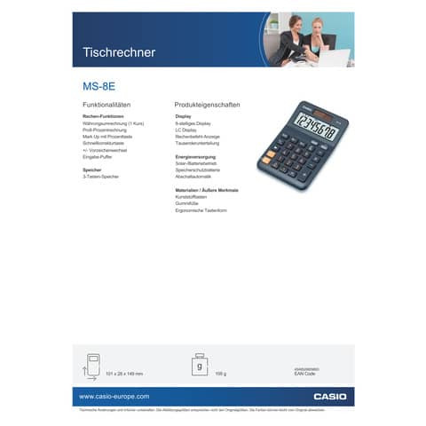 Tischrechner 8-stellig silberblau CASIO MS-8E Solar/Batterie 103x147x29mm