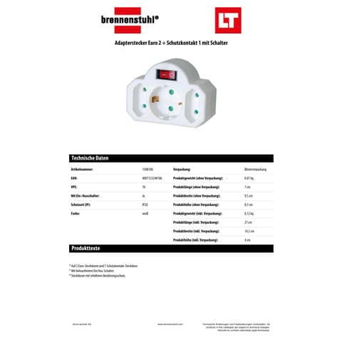 Adapter Steckdose+Schalter 3-fach weiß BRENNENSTUHL 1508100