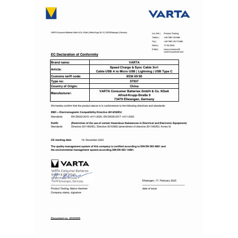 Ladegerät Universell 3in1 schwarz VARTA 57937 101 111 2m Peed Charge&Snyc