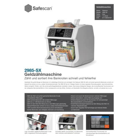 Banknotenzählgerät+Prüfer grau SAFESCAN 112-0649 2985-Sx
