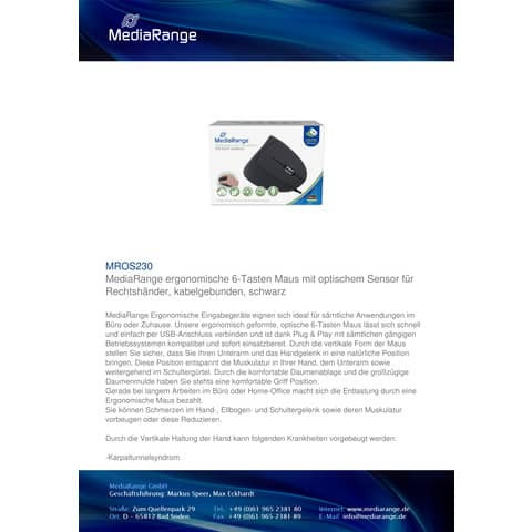 Maus optisch schwarz rechts MEDIARANGE MROS230