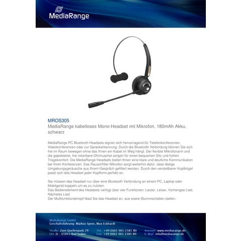 Headset Mono schwarz MEDIARANGE MROS305