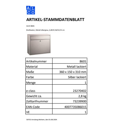 Briefkasten silber ALCO 8601 36x31x15cm