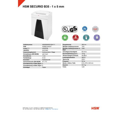 Aktenvernichter SecurioB35 ws HSM 1924111 1x5mm
