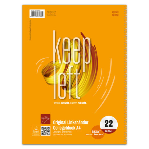 Collegeblock A4 80Blatt kariert URSUS Style 044050022 für Linkshänder