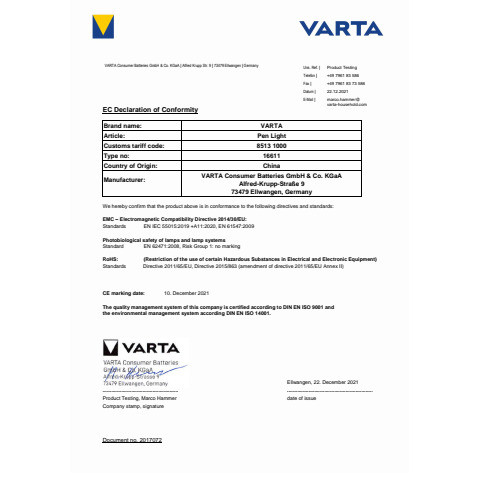 Taschenlampe LED PenLight VARTA 16611101421
