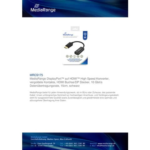 Verbindungskabel DisplayPort/HDMI 15cm MEDIARANGE MRCS175